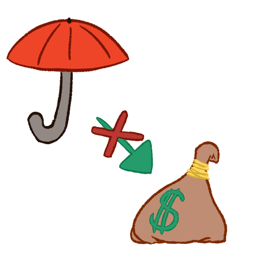 A drawing of a red umbrella, symbolizing sex work, and a bag of money, with a crossed-out green arrow between them pointing at the bag of money.